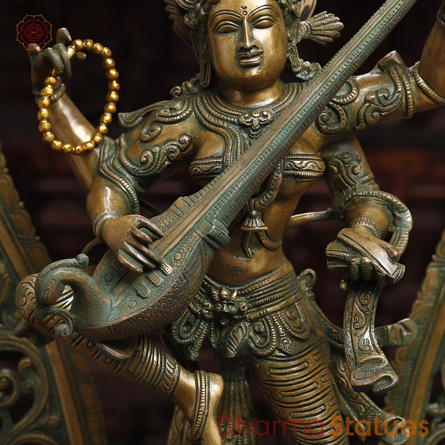 Brass Saraswati with Frame, Antique Golden & Green Finish, 32"