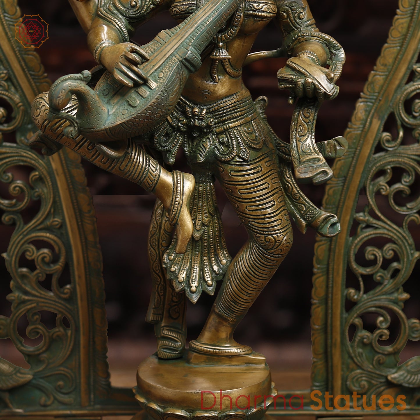 Brass Saraswati with Frame, Antique Golden & Green Finish, 32"