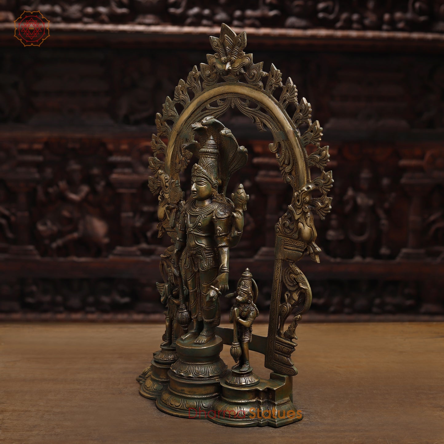 Brass Vishnu with Garuda and Hanuman, Antique Gold & Green Finish, 24"