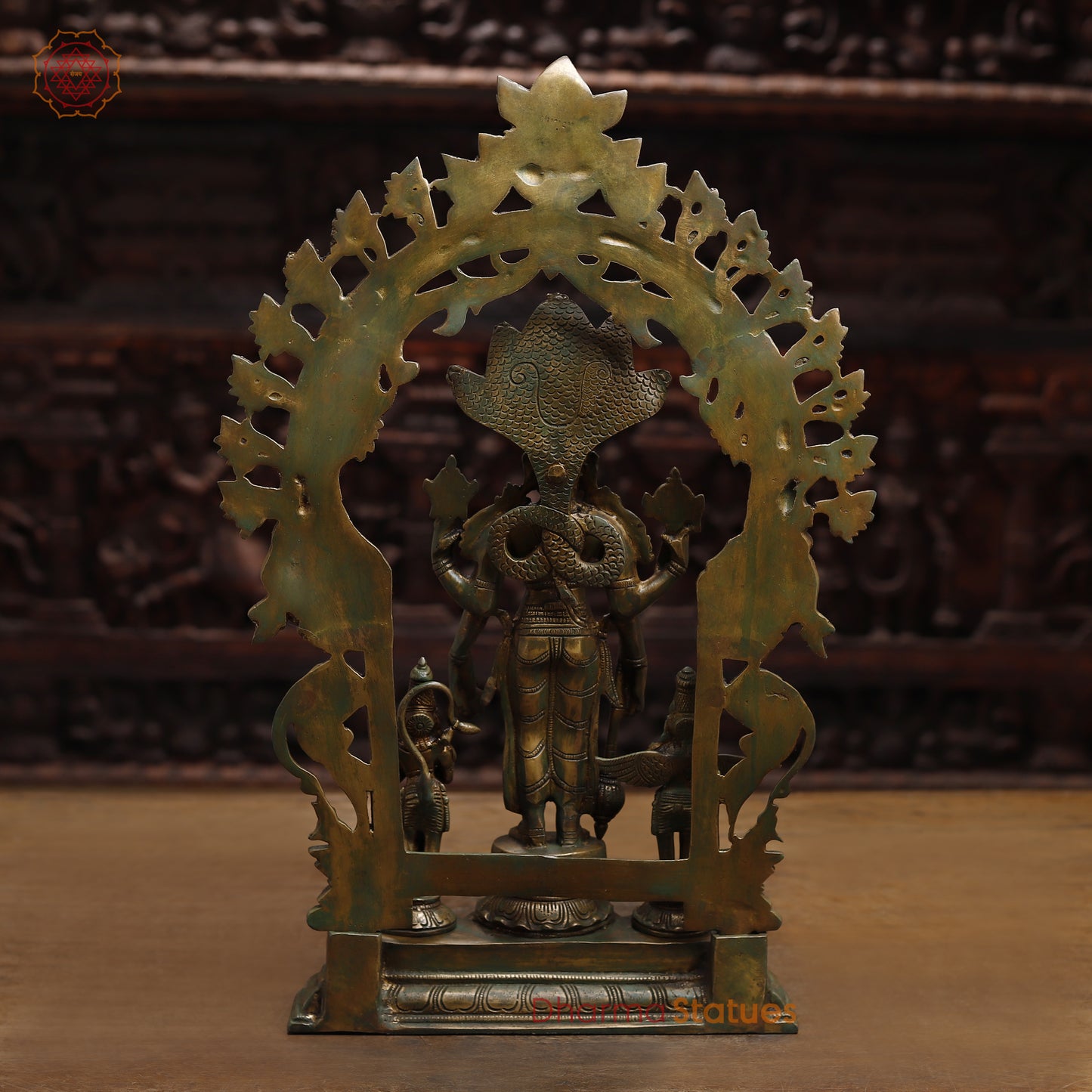 Brass Vishnu with Garuda and Hanuman, Antique Gold & Green Finish, 24"