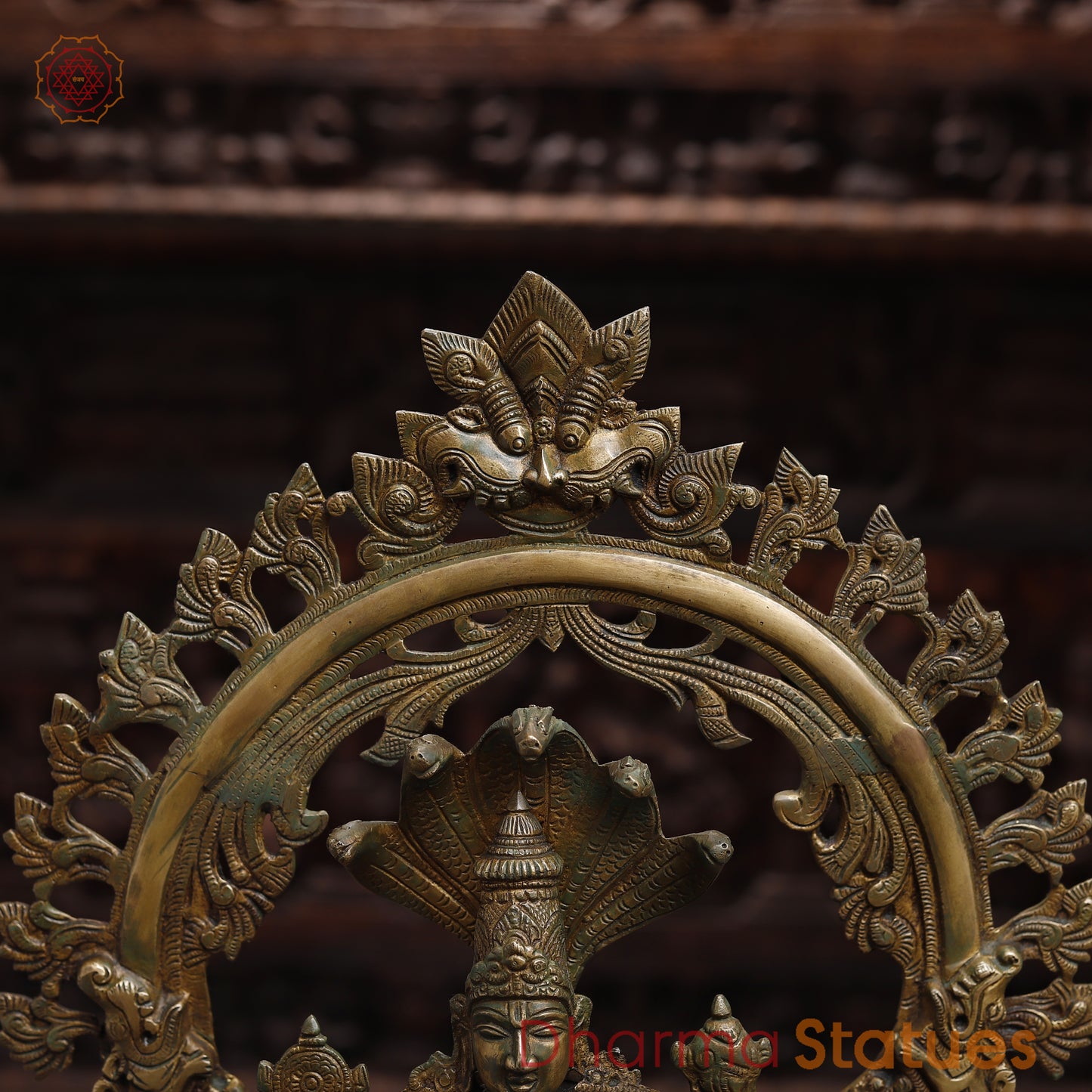 Brass Vishnu with Garuda and Hanuman, Antique Gold & Green Finish, 24"