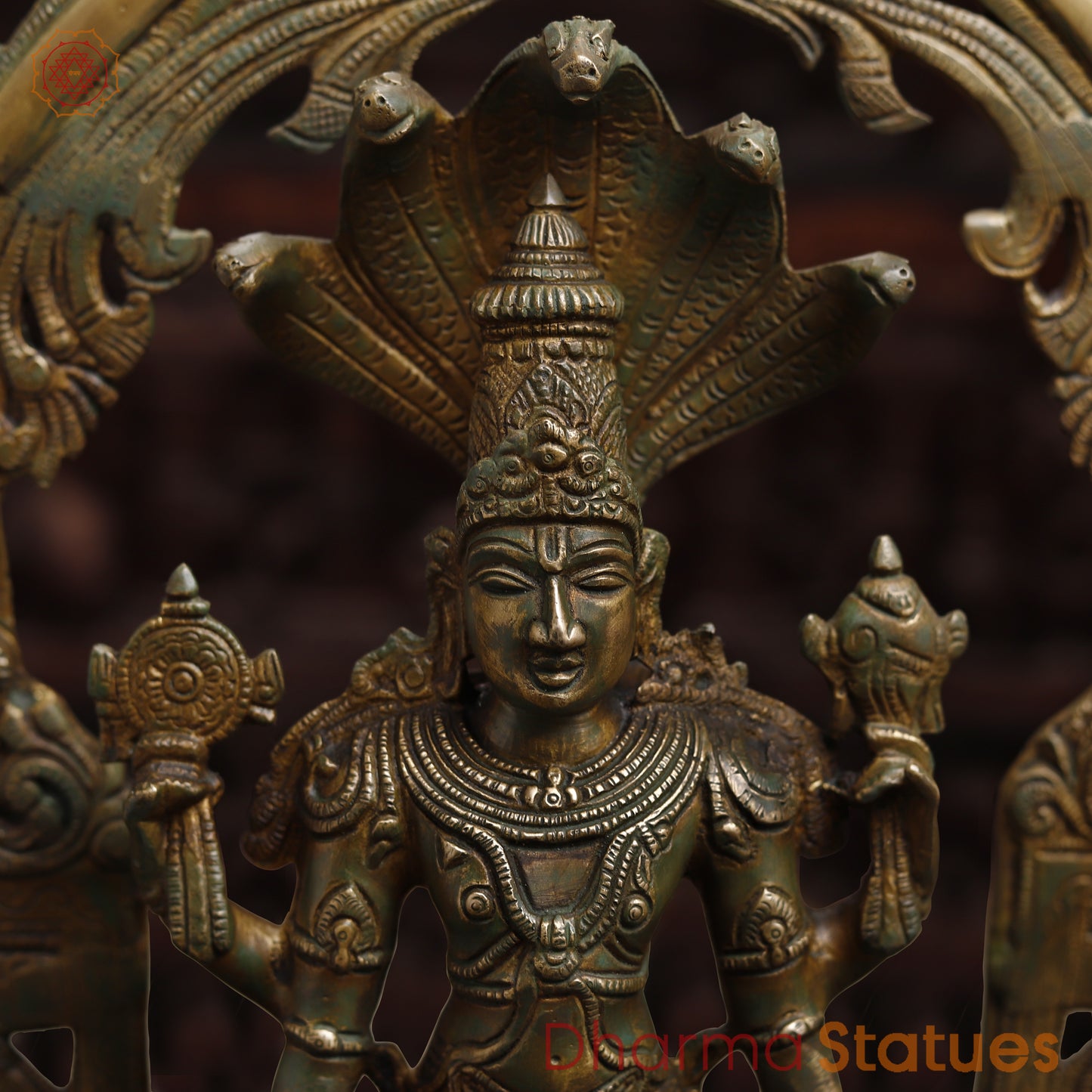 Brass Vishnu with Garuda and Hanuman, Antique Gold & Green Finish, 24"