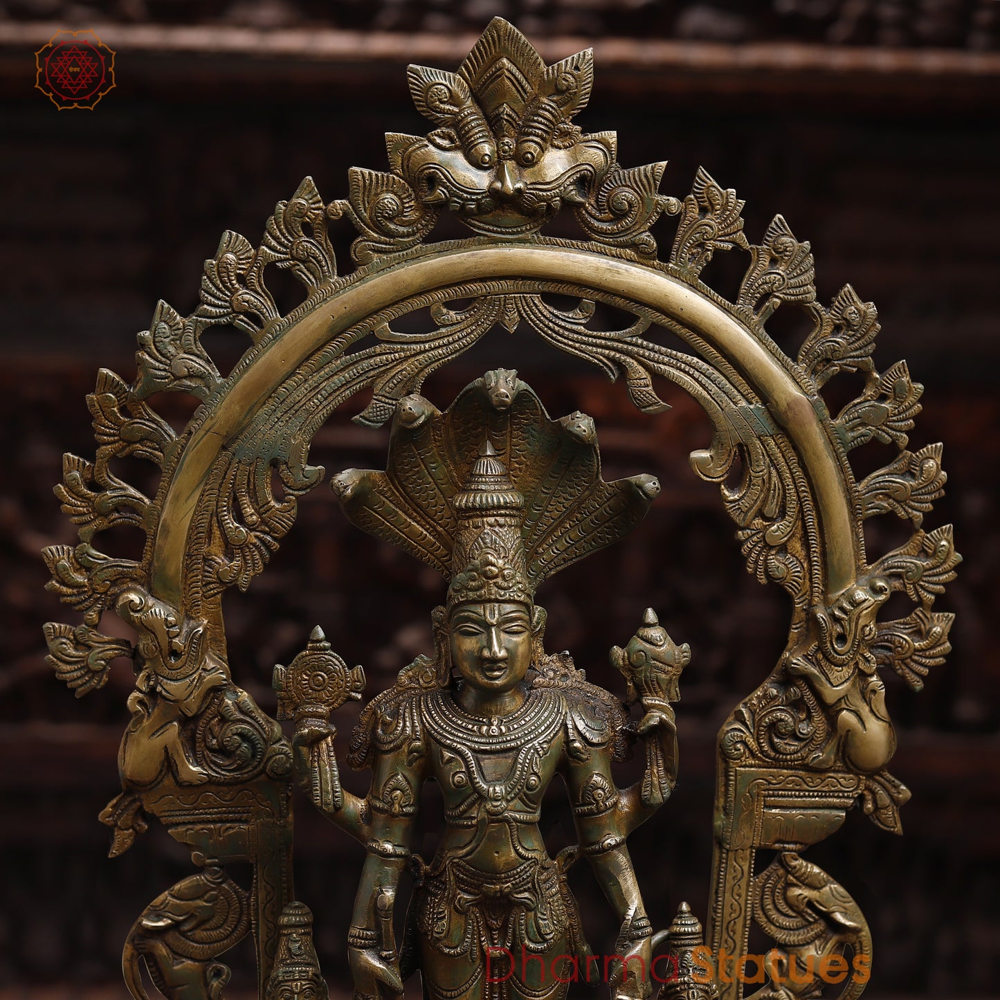 Brass Vishnu with Garuda and Hanuman, Antique Gold & Green Finish, 24"