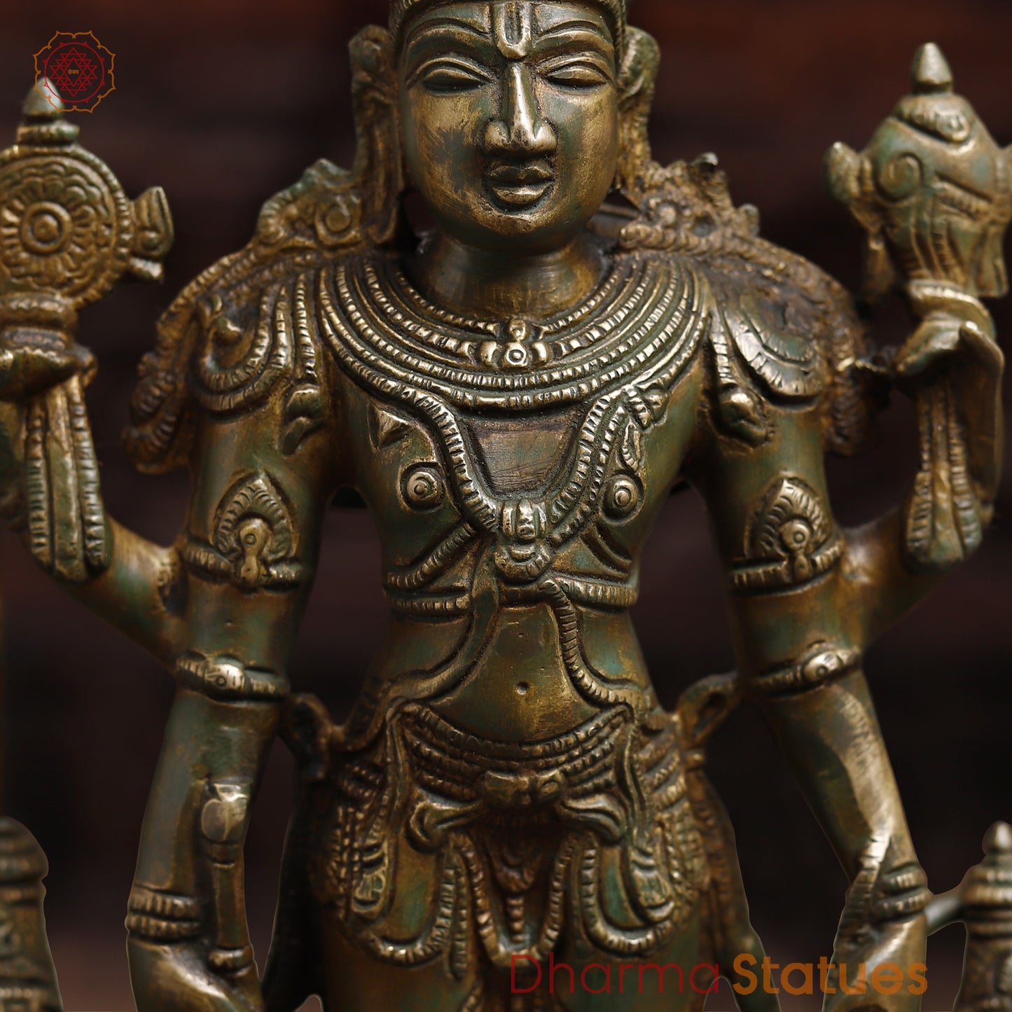 Brass Vishnu with Garuda and Hanuman, Antique Gold & Green Finish, 24"