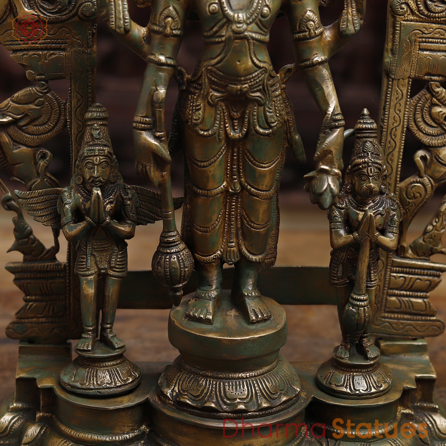 Brass Vishnu with Garuda and Hanuman, Antique Gold & Green Finish, 24"
