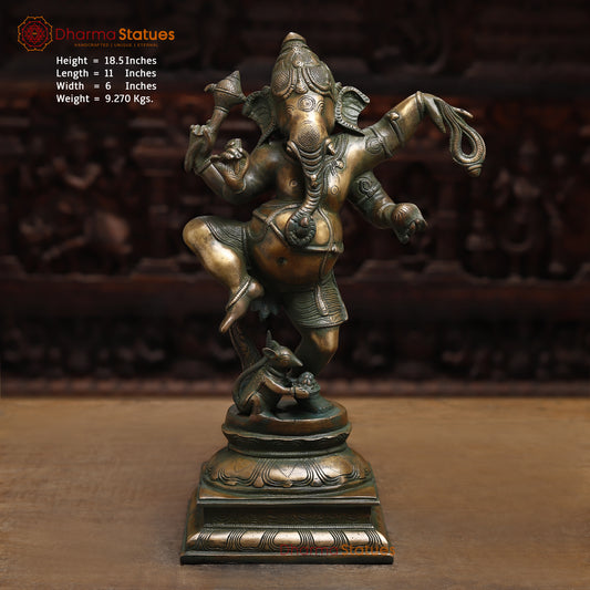 Brass Dancing Ganesh, Antique Golden & Green Finish, 18.5"