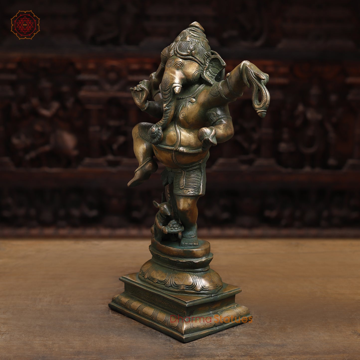 Brass Dancing Ganesh, Antique Golden & Green Finish, 18.5"