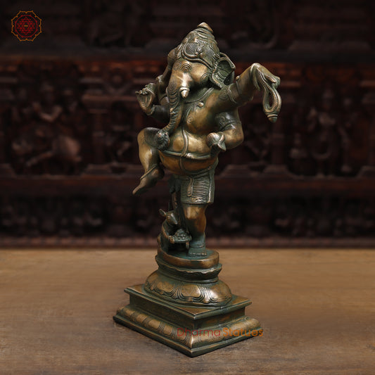 Brass Dancing Ganesh, Antique Golden & Green Finish, 18.5"