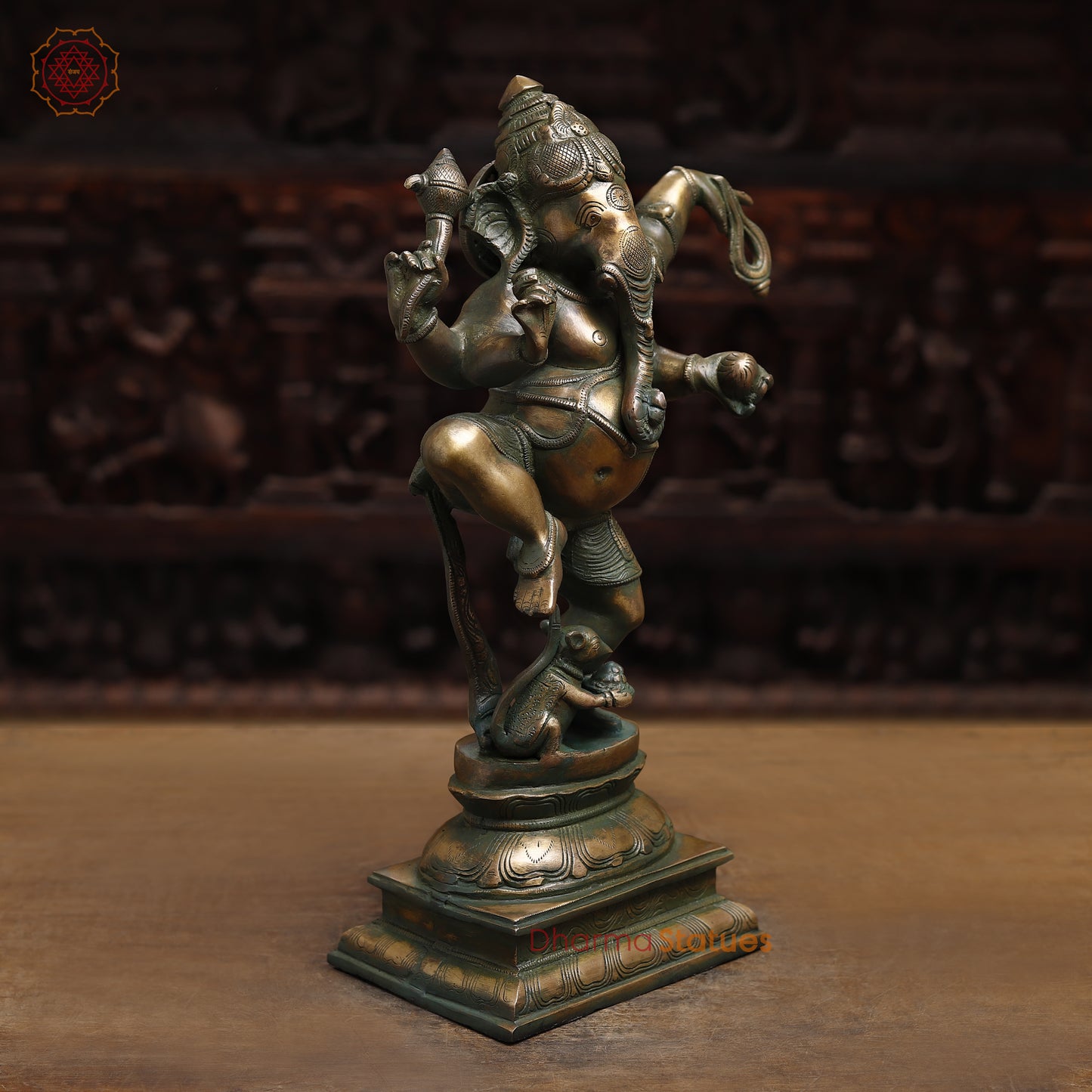 Brass Dancing Ganesh, Antique Golden & Green Finish, 18.5"