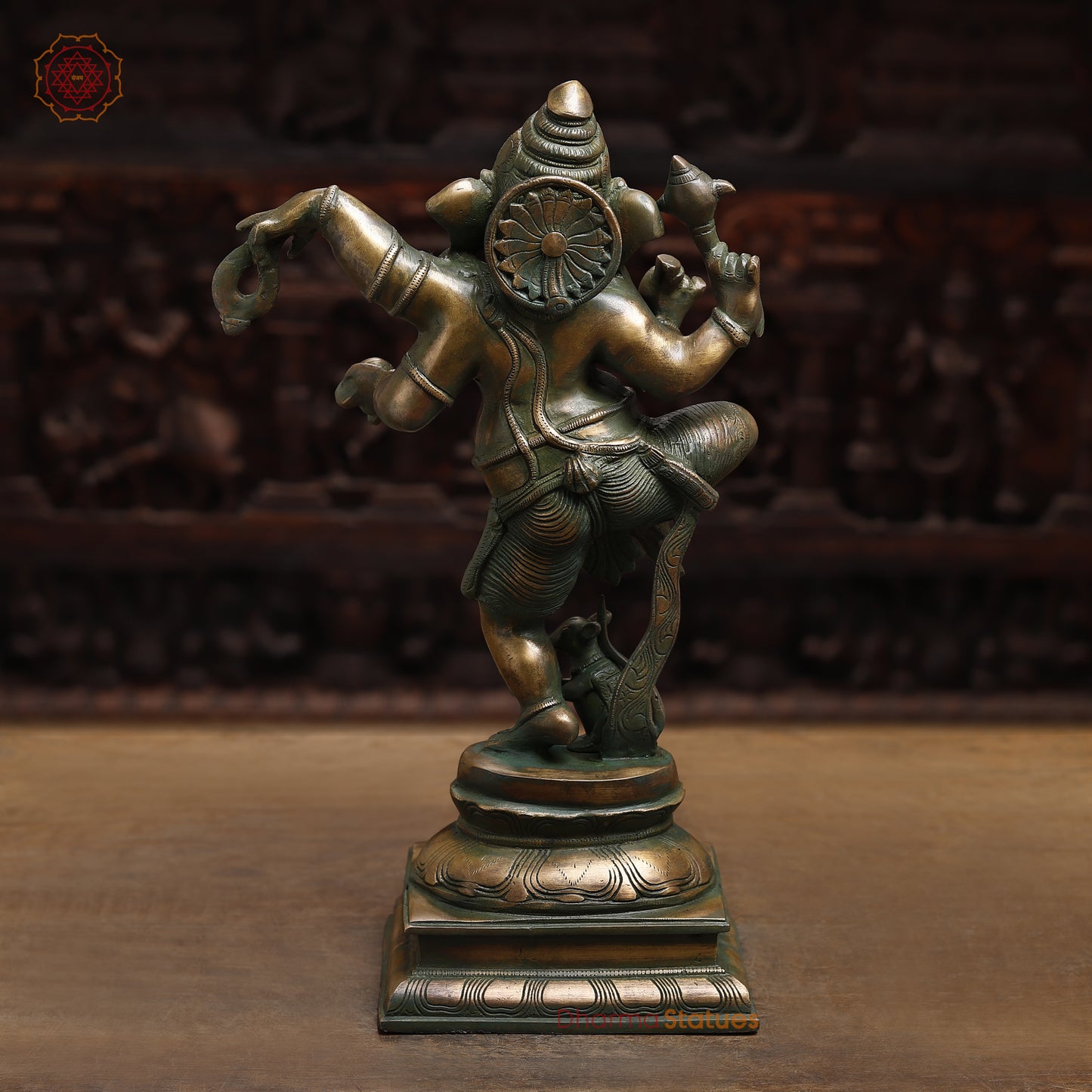 Brass Dancing Ganesh, Antique Golden & Green Finish, 18.5"