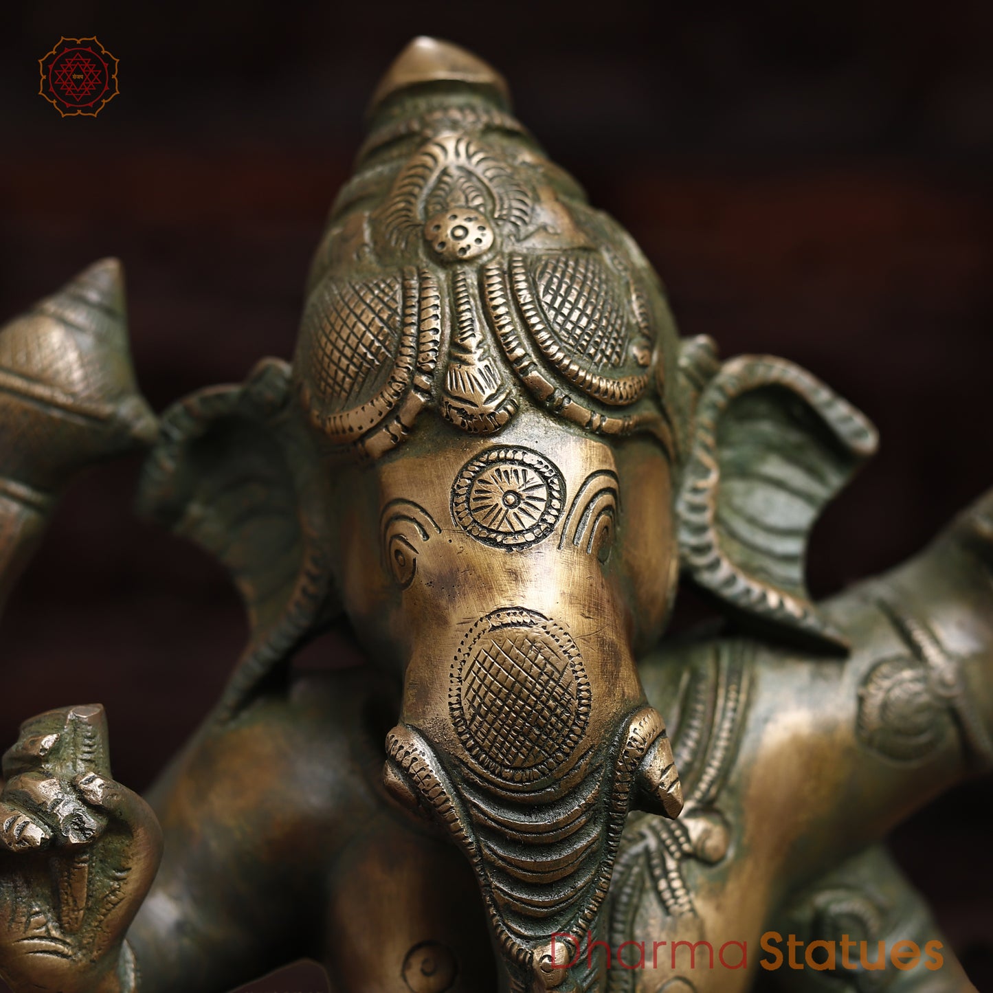 Brass Dancing Ganesh, Antique Golden & Green Finish, 18.5"