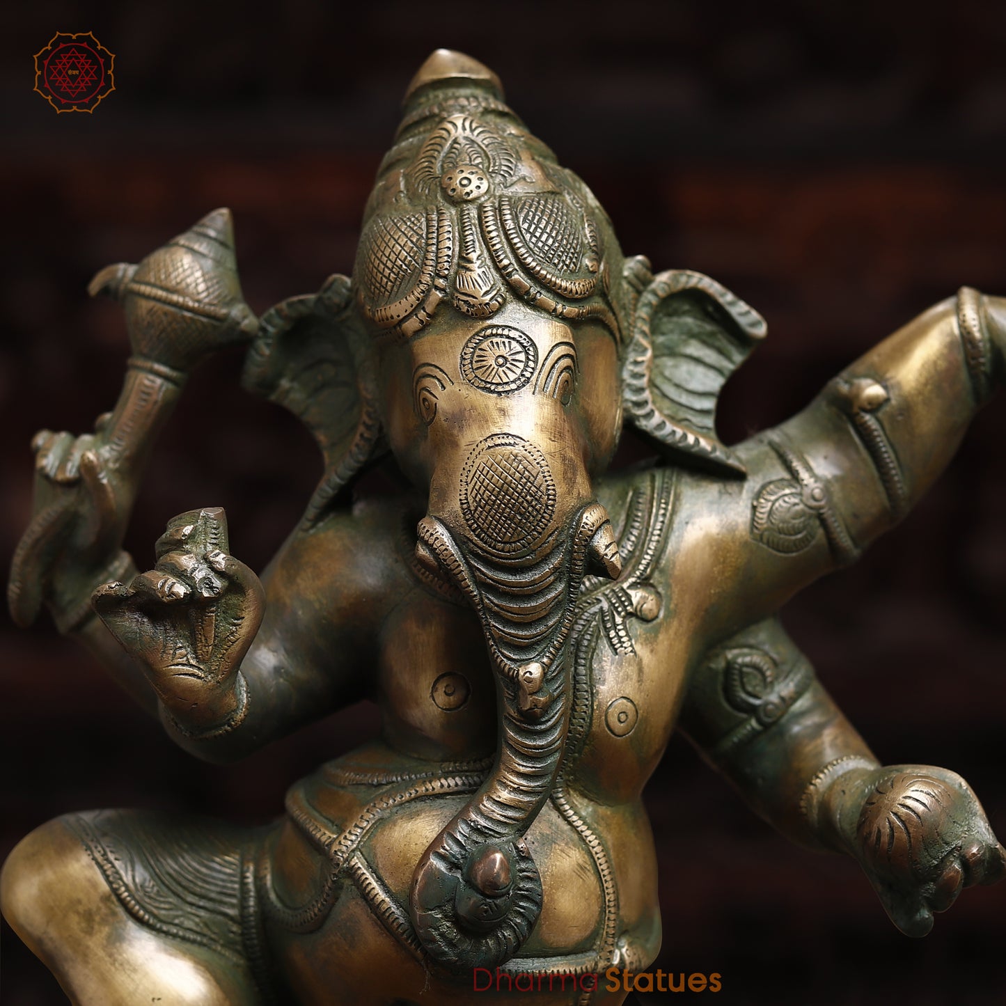 Brass Dancing Ganesh, Antique Golden & Green Finish, 18.5"