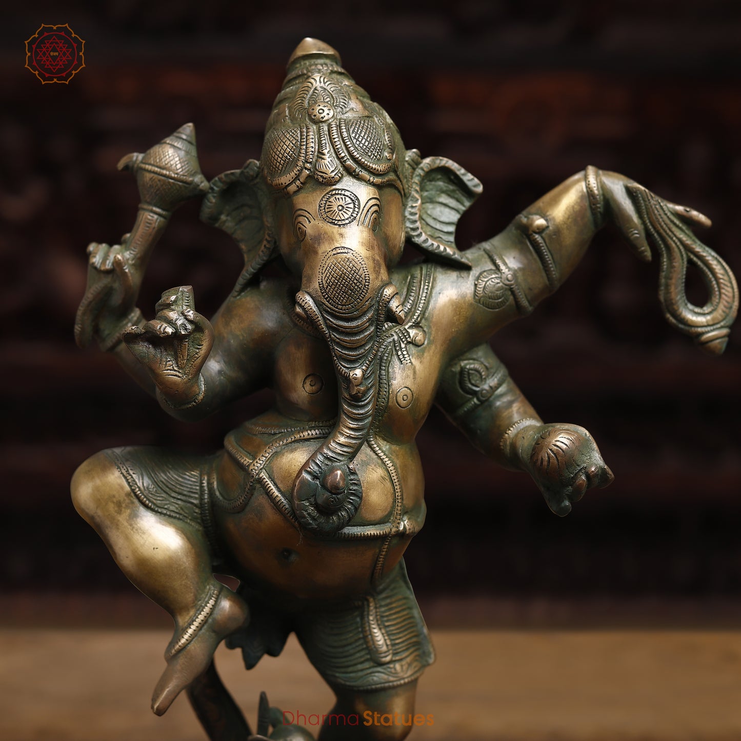 Brass Dancing Ganesh, Antique Golden & Green Finish, 18.5"