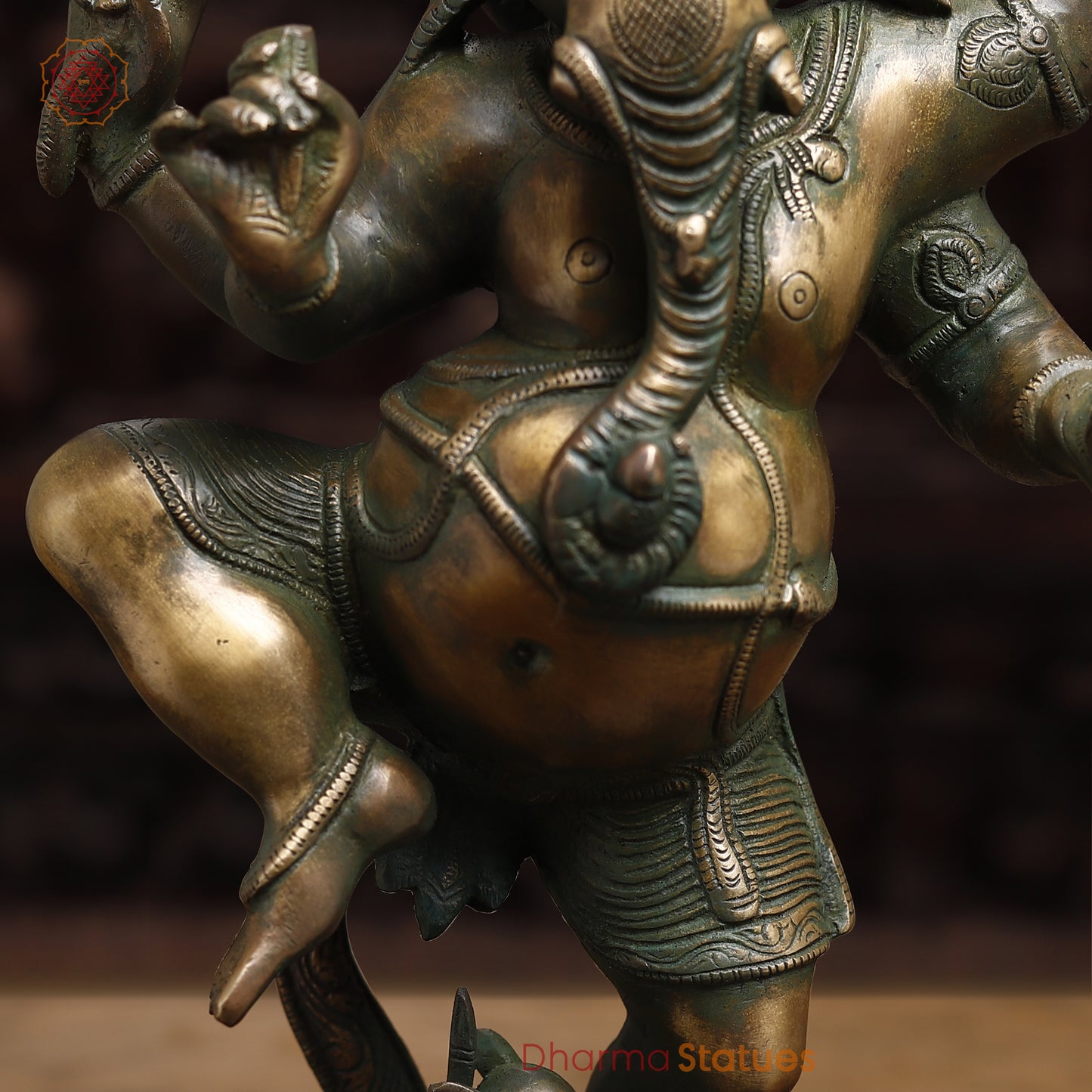 Brass Dancing Ganesh, Antique Golden & Green Finish, 18.5"