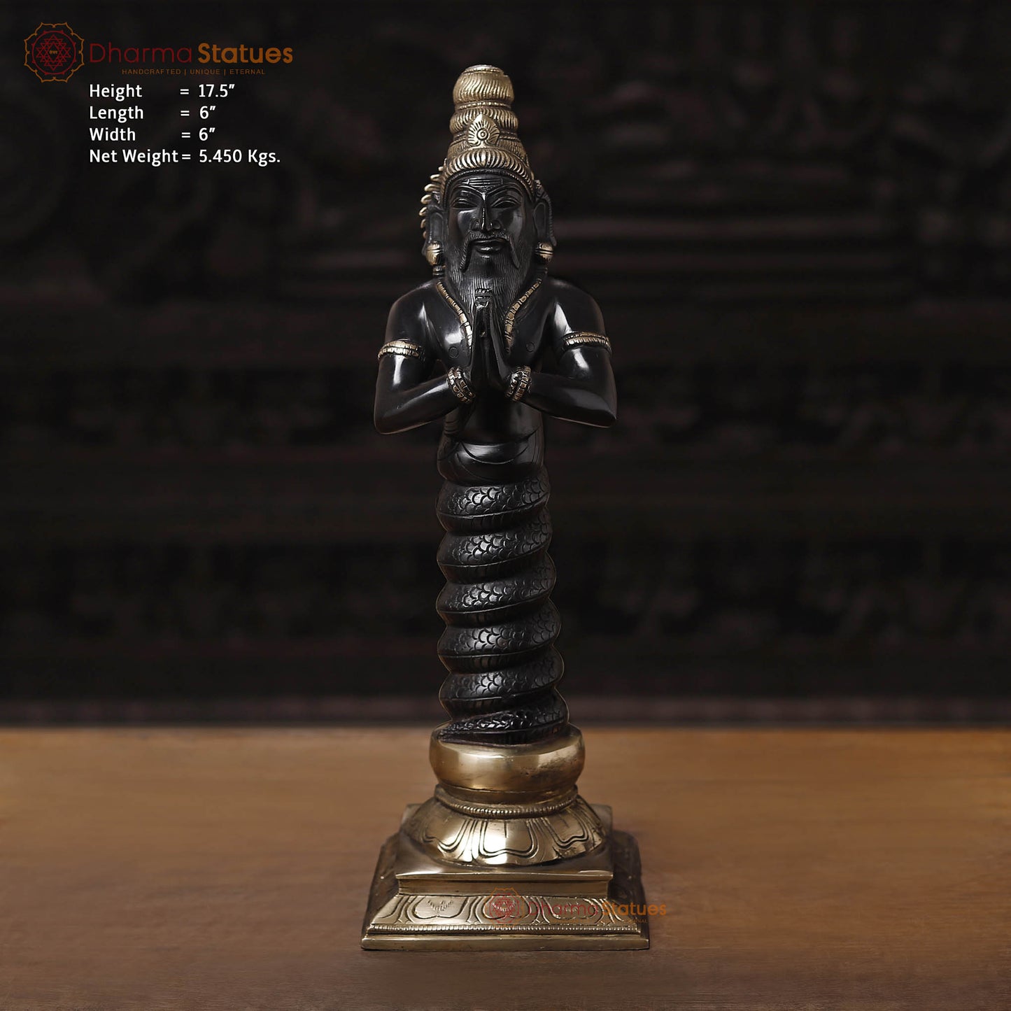 Brass Nag Devta, Black Patina & Golden Finish, 17.5"