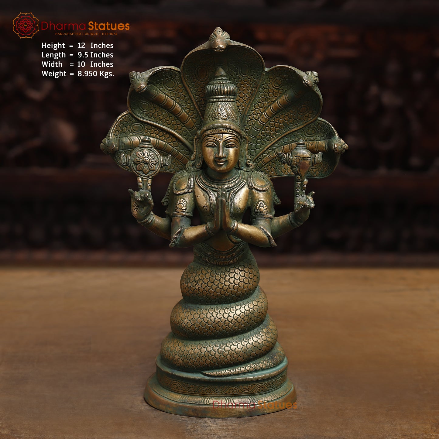 Brass Patanjali Statue, Antique Golden & Green Finish, 12"