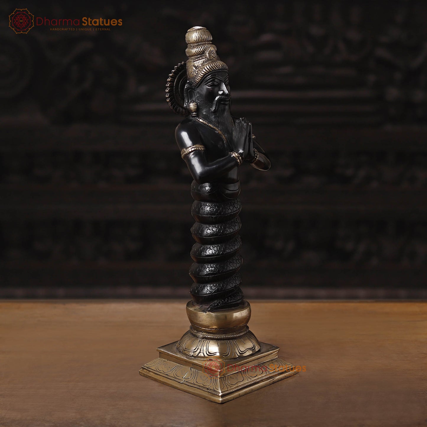 Brass Nag Devta, Black Patina & Golden Finish, 17.5"