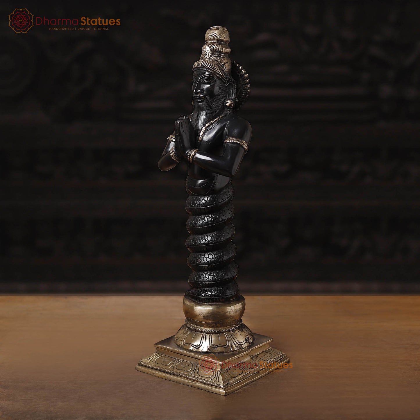 Brass Nag Devta, Black Patina & Golden Finish, 17.5"