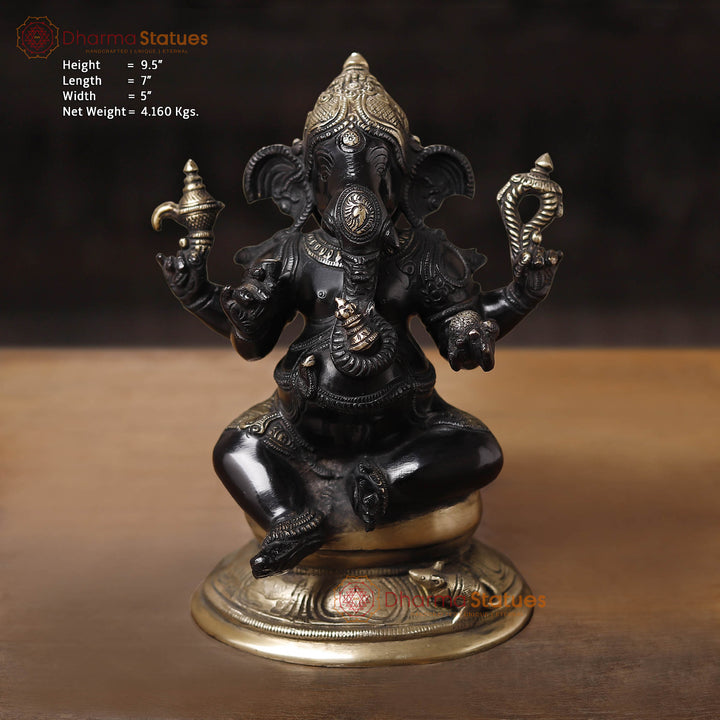 Brass Ganesha, Ganesh Sitting on a Platform, 9.5" Front View