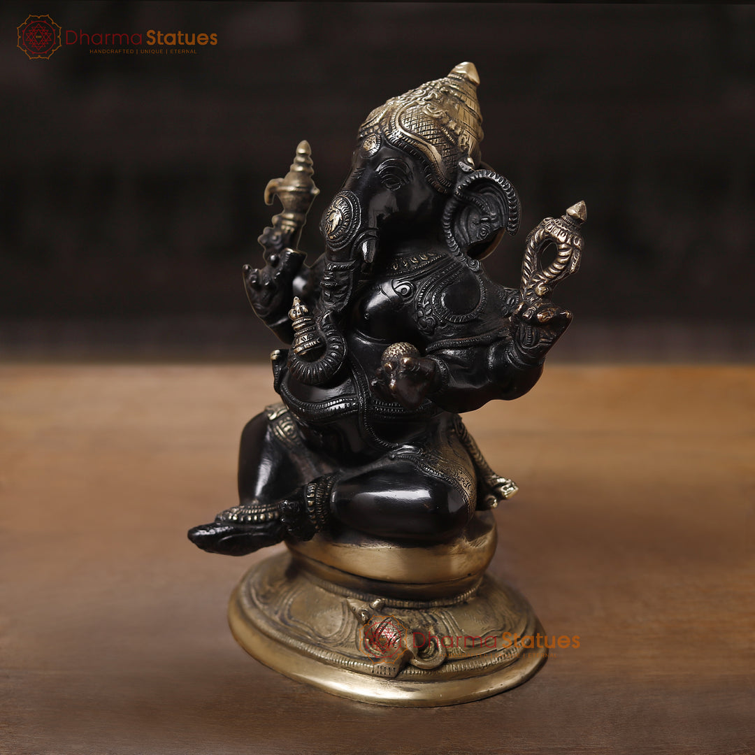 Brass Ganesh Sitting, Black Gold, 9.5"