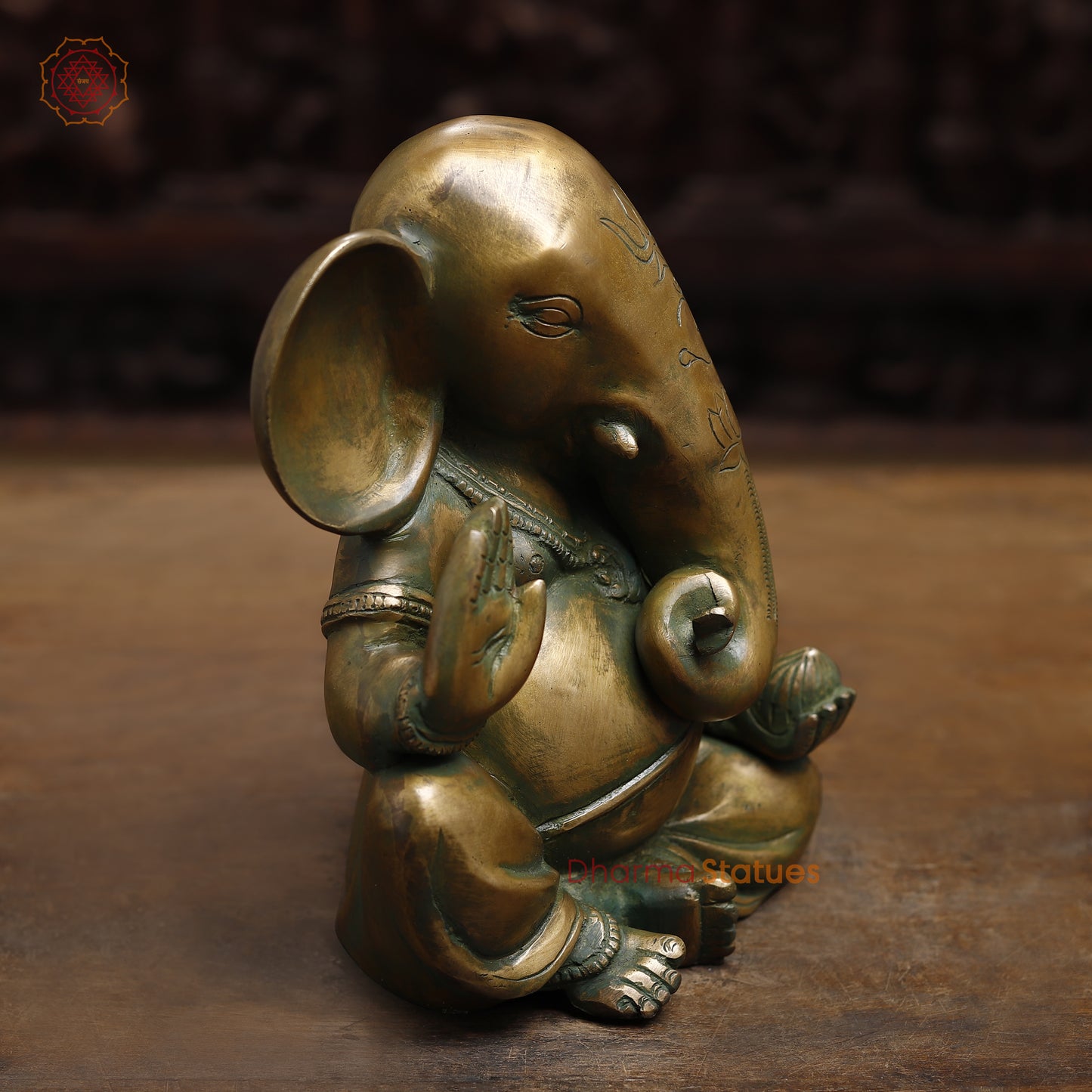 Brass Ganesh seated in Blessing Posture, Antique Golden & Green Finish, 10"