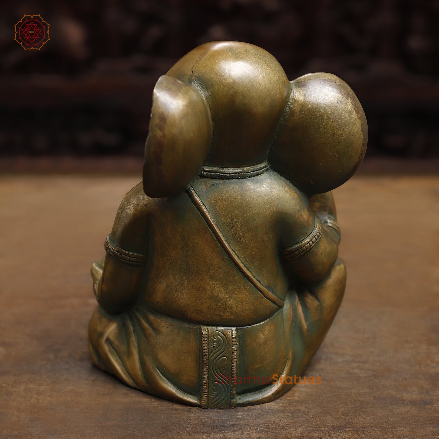 Brass Ganesh seated in Blessing Posture, Antique Golden & Green Finish, 10"