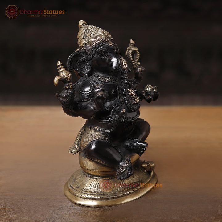 Brass Ganesh Sitting, Black Gold, 9.5"