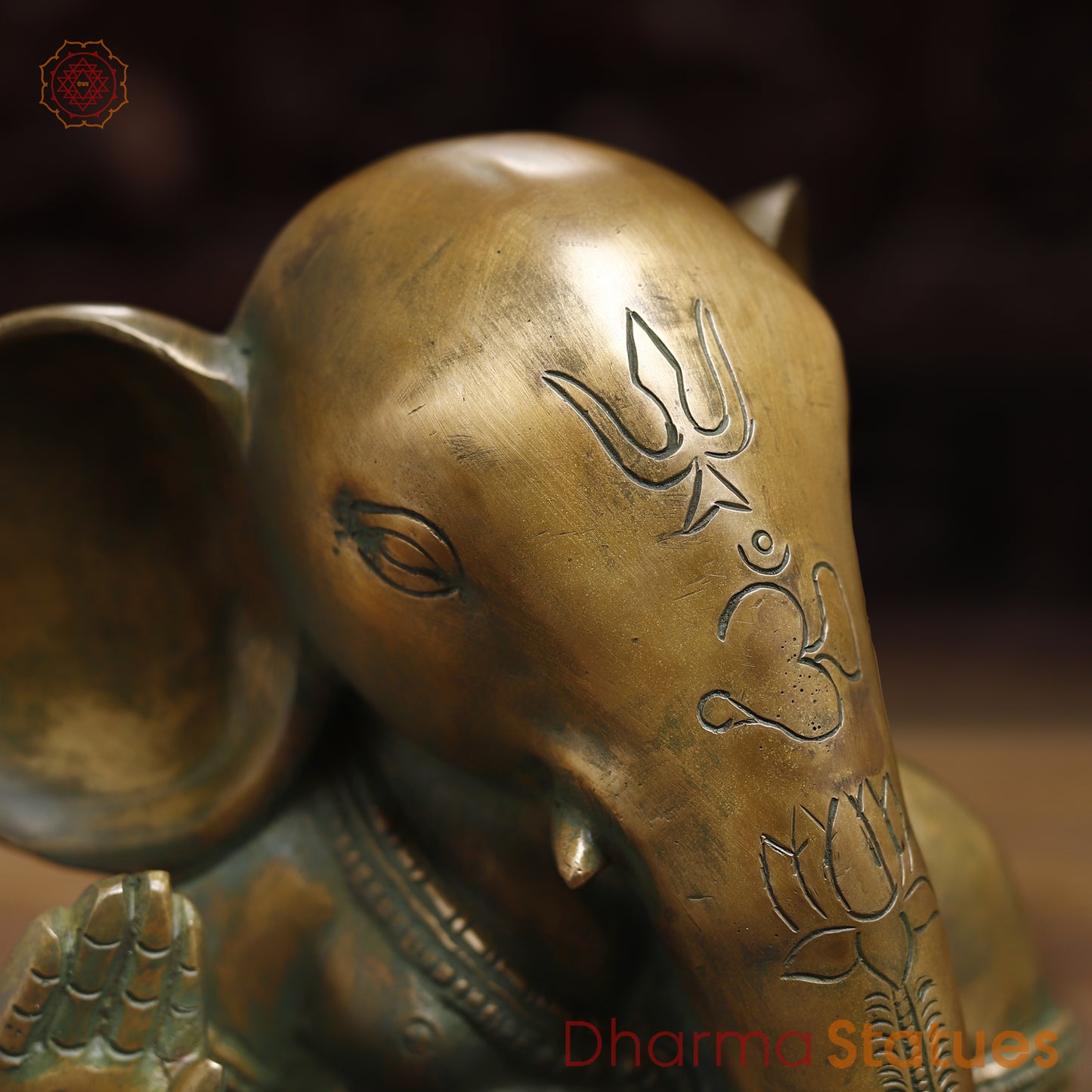 Brass Ganesh seated in Blessing Posture, Antique Golden & Green Finish, 10"