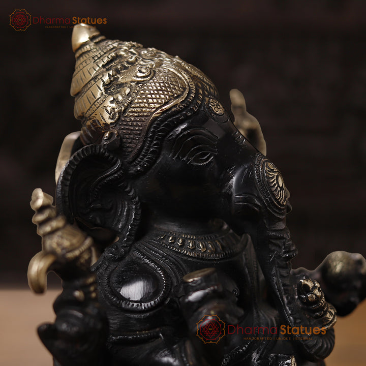 Brass Ganesh Sitting, Black Gold, 9.5"