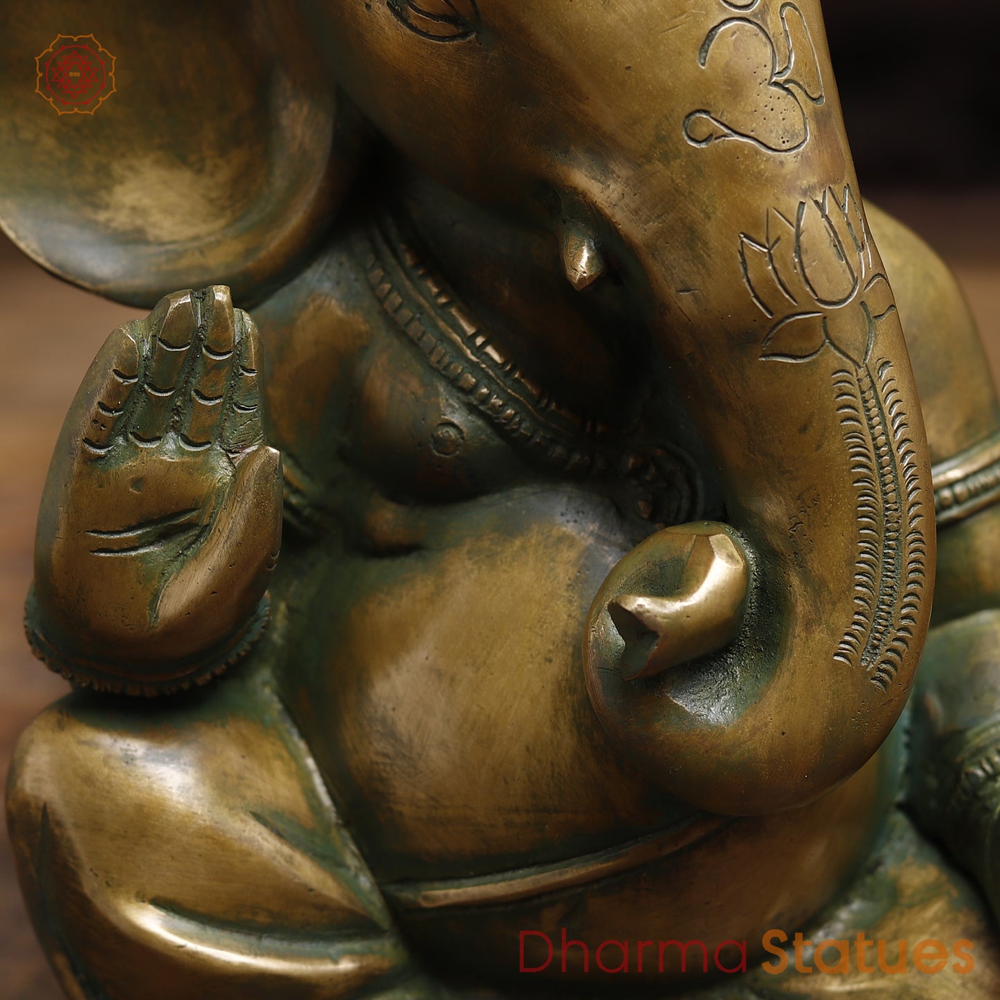 Brass Ganesh seated in Blessing Posture, Antique Golden & Green Finish, 10"