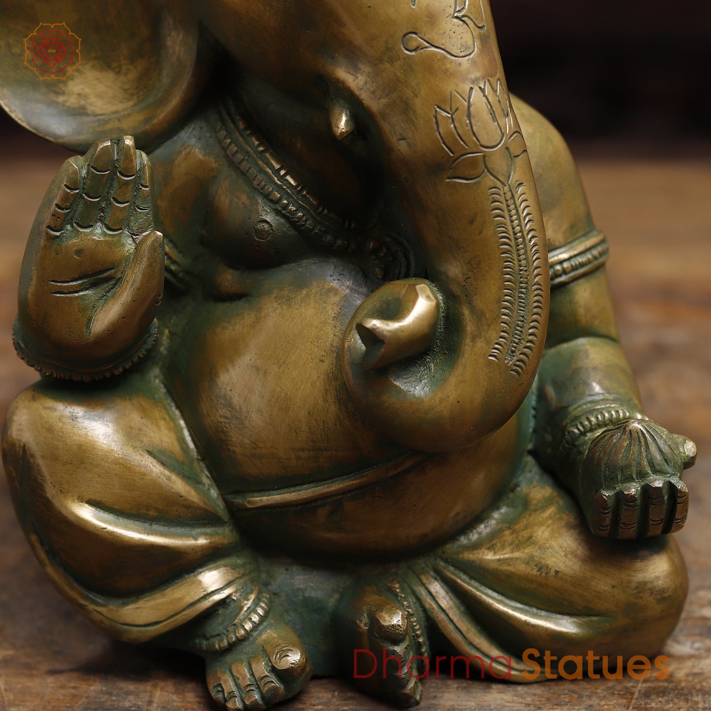 Brass Ganesh seated in Blessing Posture, Antique Golden & Green Finish, 10"