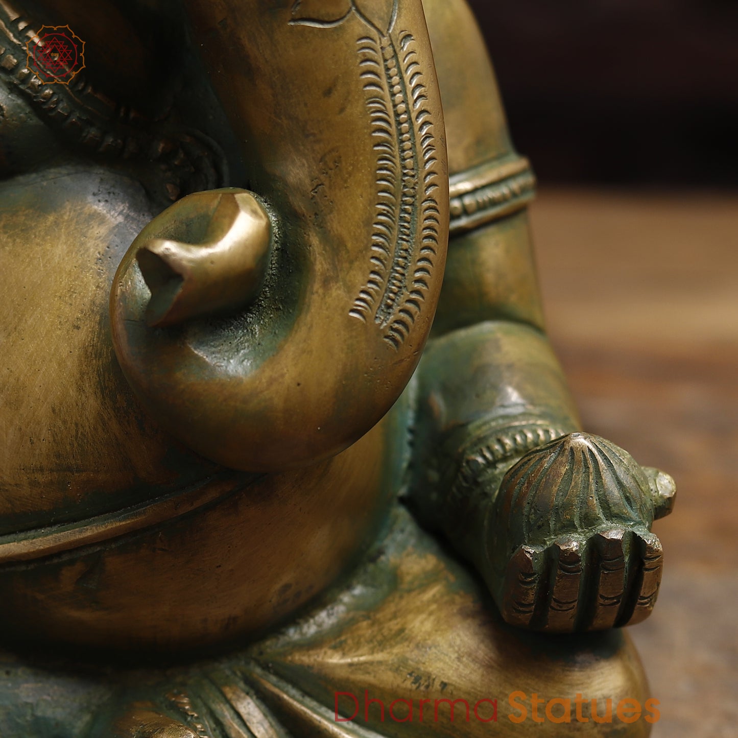Brass Ganesh seated in Blessing Posture, Antique Golden & Green Finish, 10"