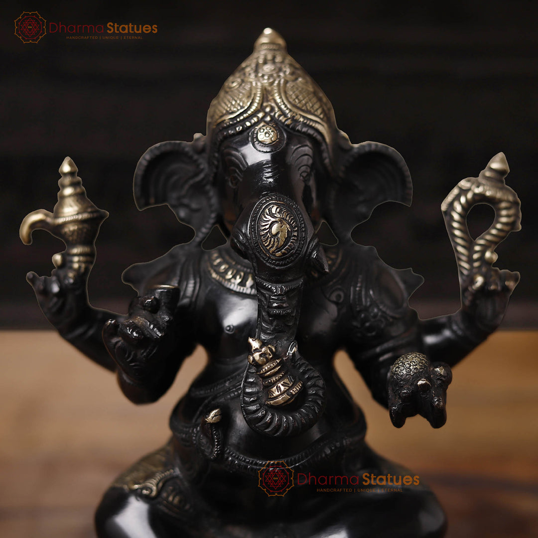 Brass Ganesha, Ganesh Sitting on a Platform, 9.5"