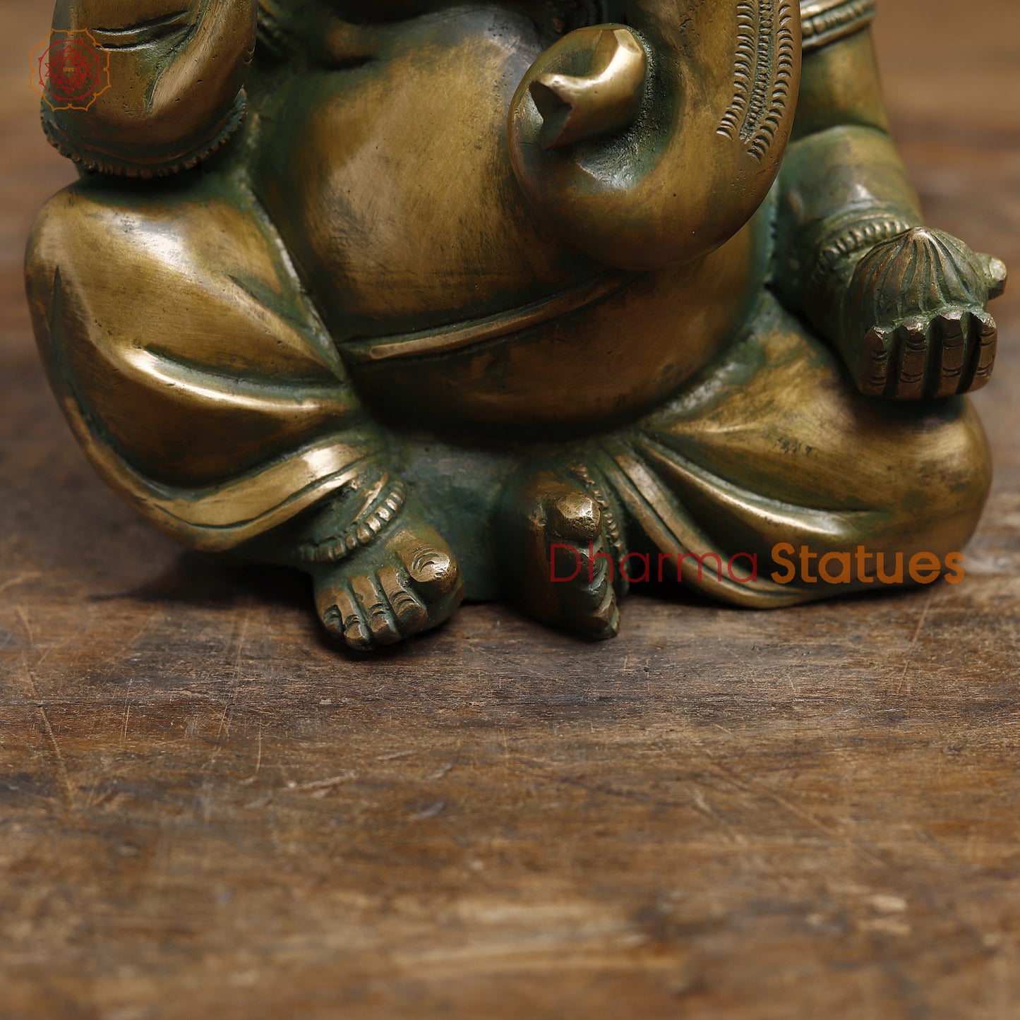 Brass Ganesh seated in Blessing Posture, Antique Golden & Green Finish, 10"