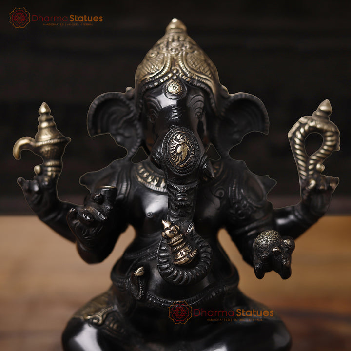 Brass Ganesh Sitting, Black Gold, 9.5"