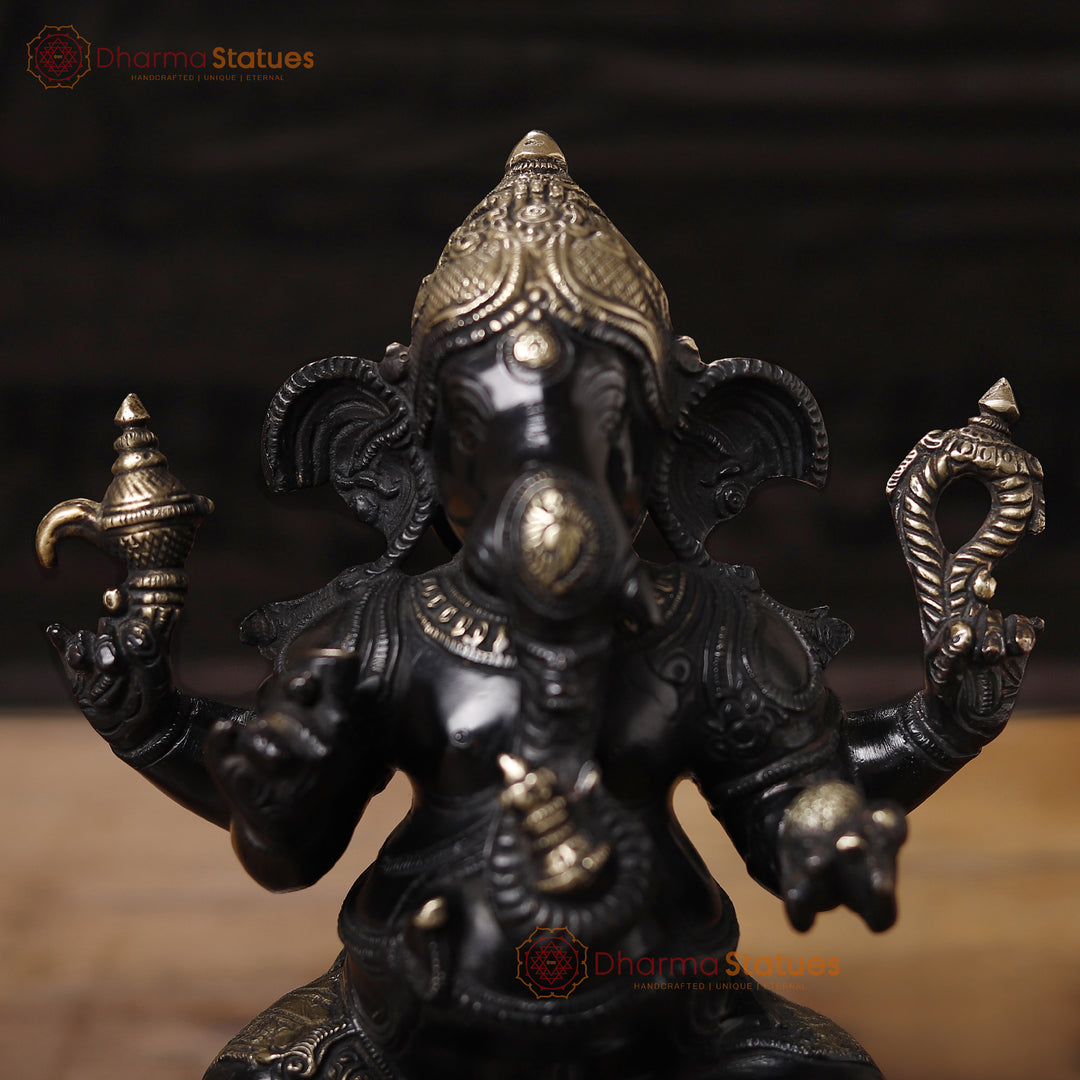 Brass Ganesh Sitting, Black Gold, 9.5"