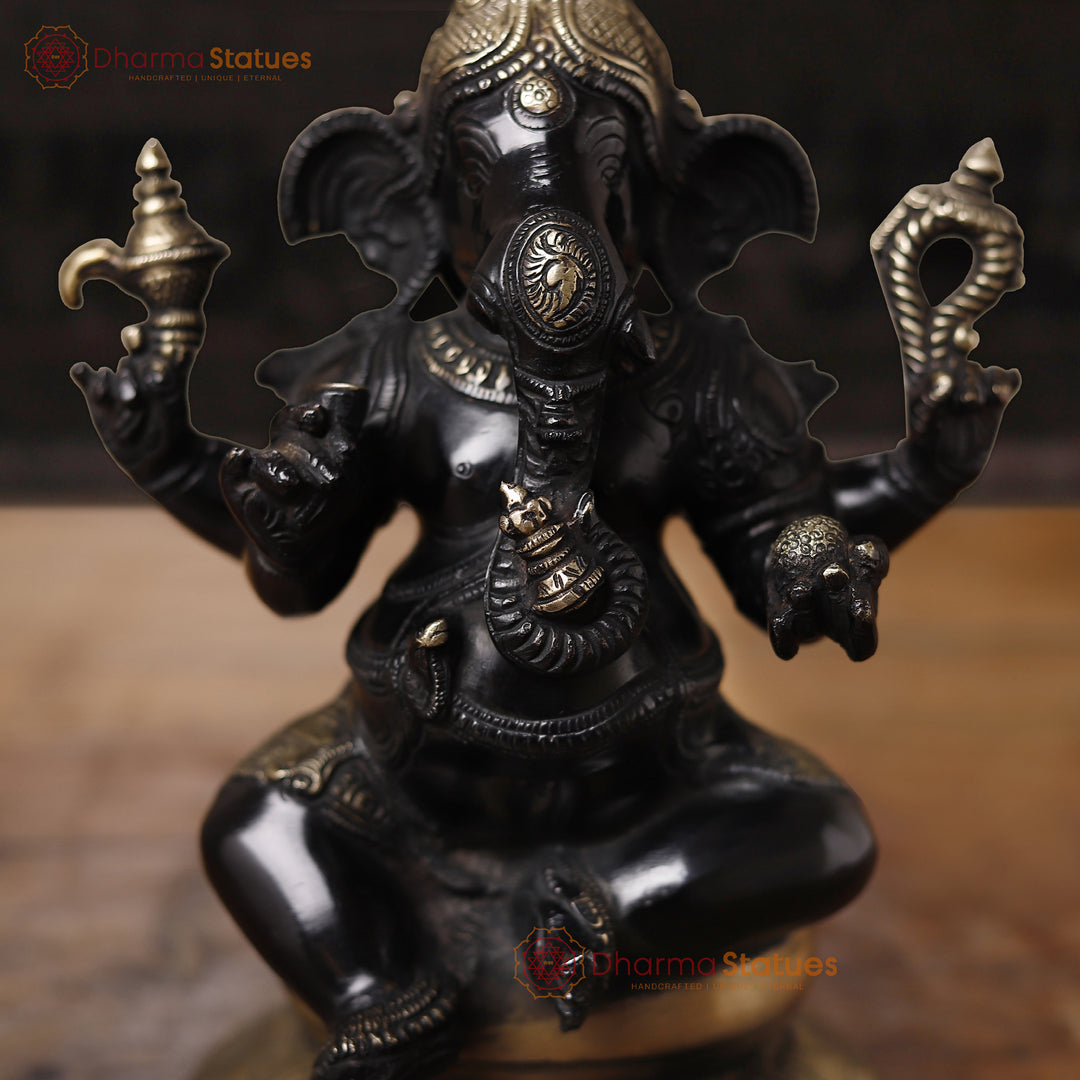 Brass Ganesh Sitting, Black Gold, 9.5"