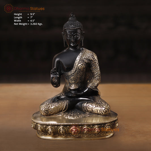 Brass Buddha Idol, Sitting on a Lotus, Black Patina Finish 9.5"