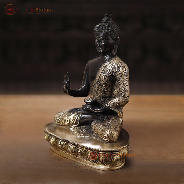 Brass Buddha Idol, Sitting on a Lotus, Black Patina Finish 9.5"