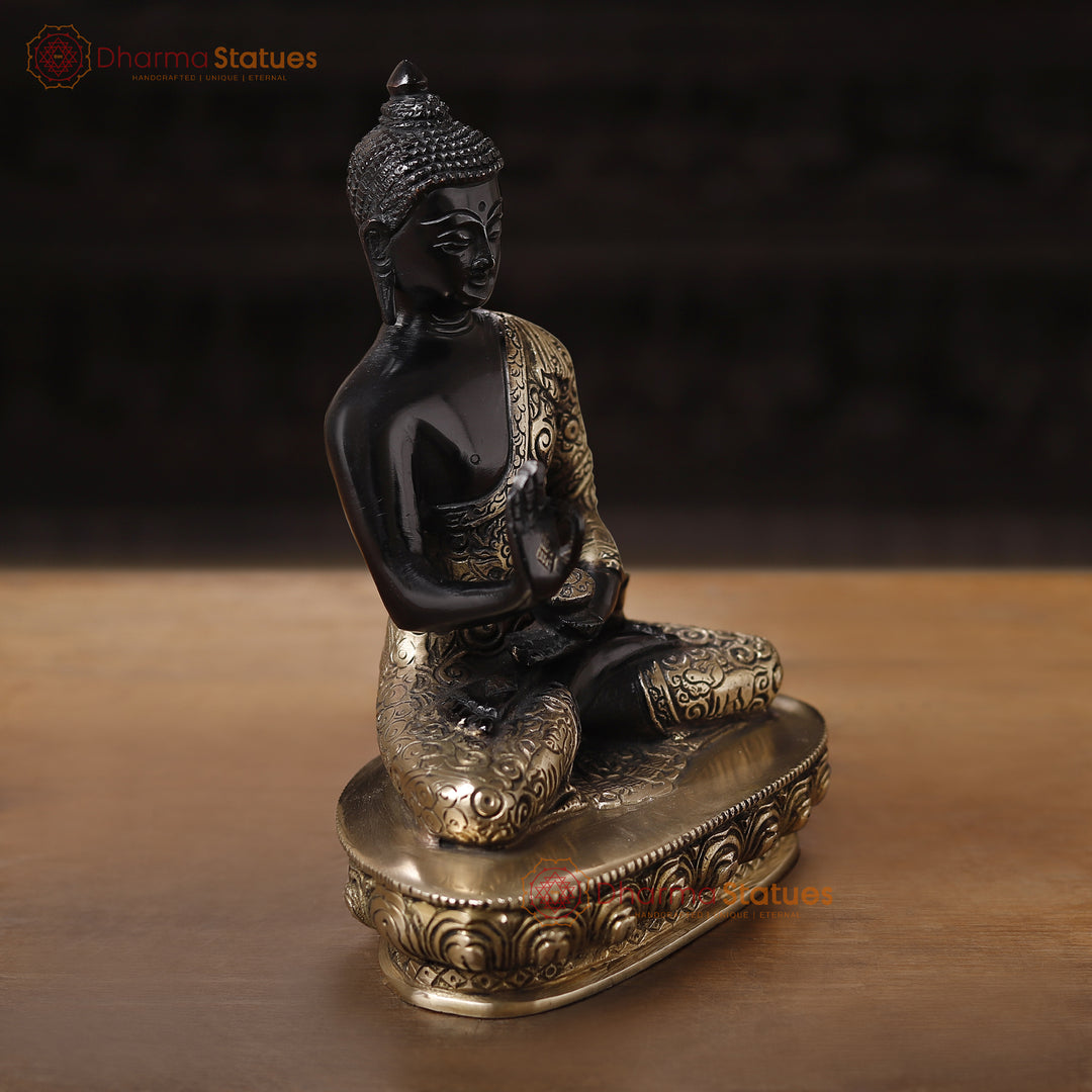 Brass Buddha Idol, Sitting on a Lotus, Black Patina Finish 9.5"