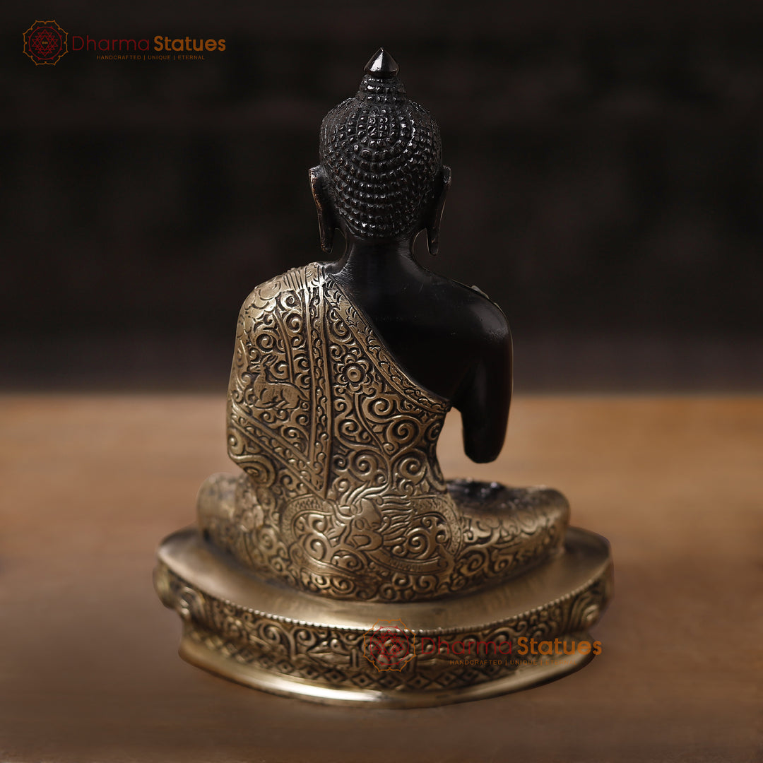 Brass Buddha Idol, Sitting on a Lotus, Black Patina Finish 9.5"