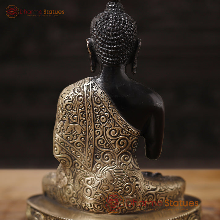 Brass Buddha Idol, Sitting on a Lotus, Black Patina Finish 9.5"