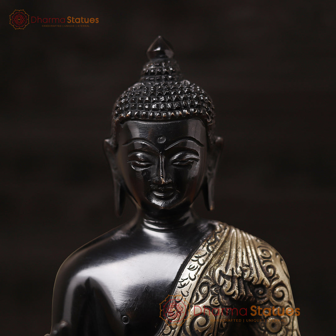 Brass Buddha Idol, Sitting on a Lotus, Black Patina Finish 9.5"