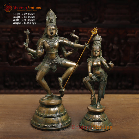Brass Dancing Shiva and Parvati Statue, Antique Golden & Green Finish, 22"