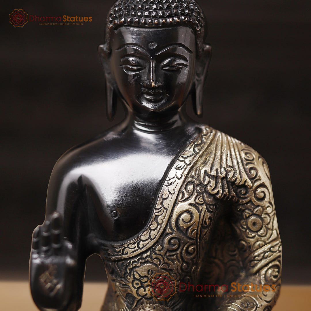 Brass Buddha Idol, Sitting on a Lotus, Black Patina Finish 9.5"