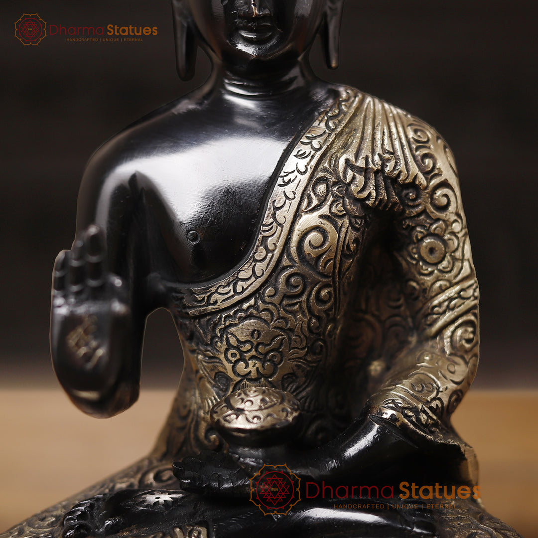 Brass Buddha Idol, Sitting on a Lotus, Black Patina Finish 9.5"