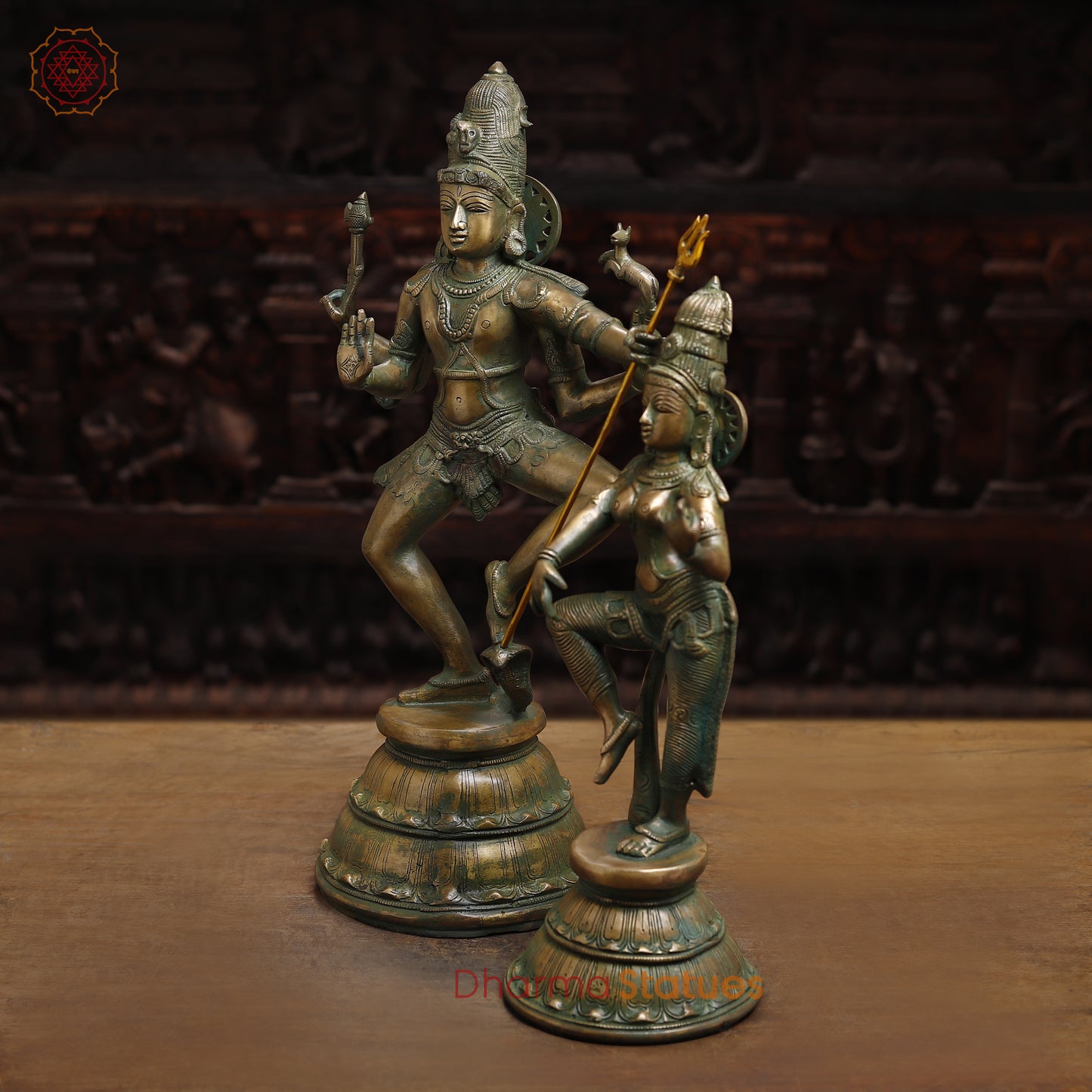 Brass Dancing Shiva and Parvati Statue, Antique Golden & Green Finish, 22"
