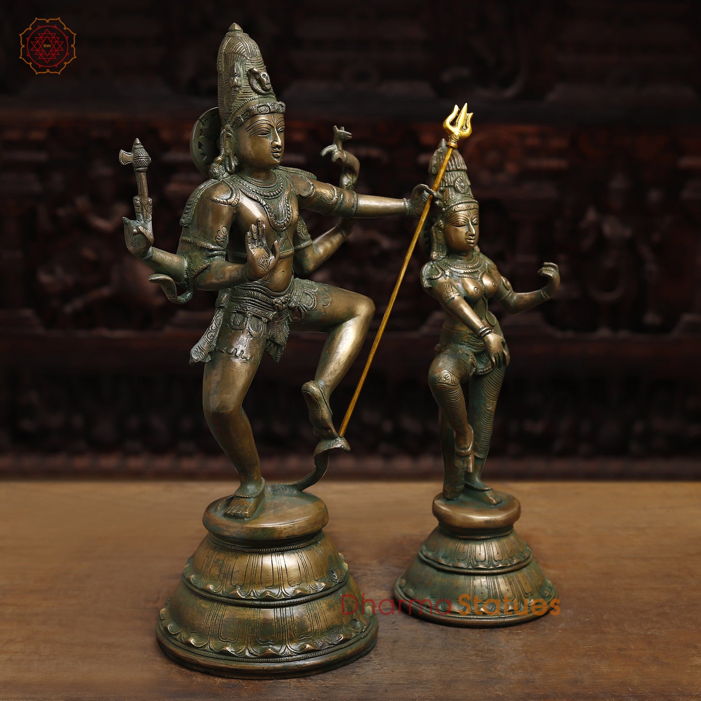 Brass Dancing Shiva and Parvati Statue, Antique Golden & Green Finish, 22"