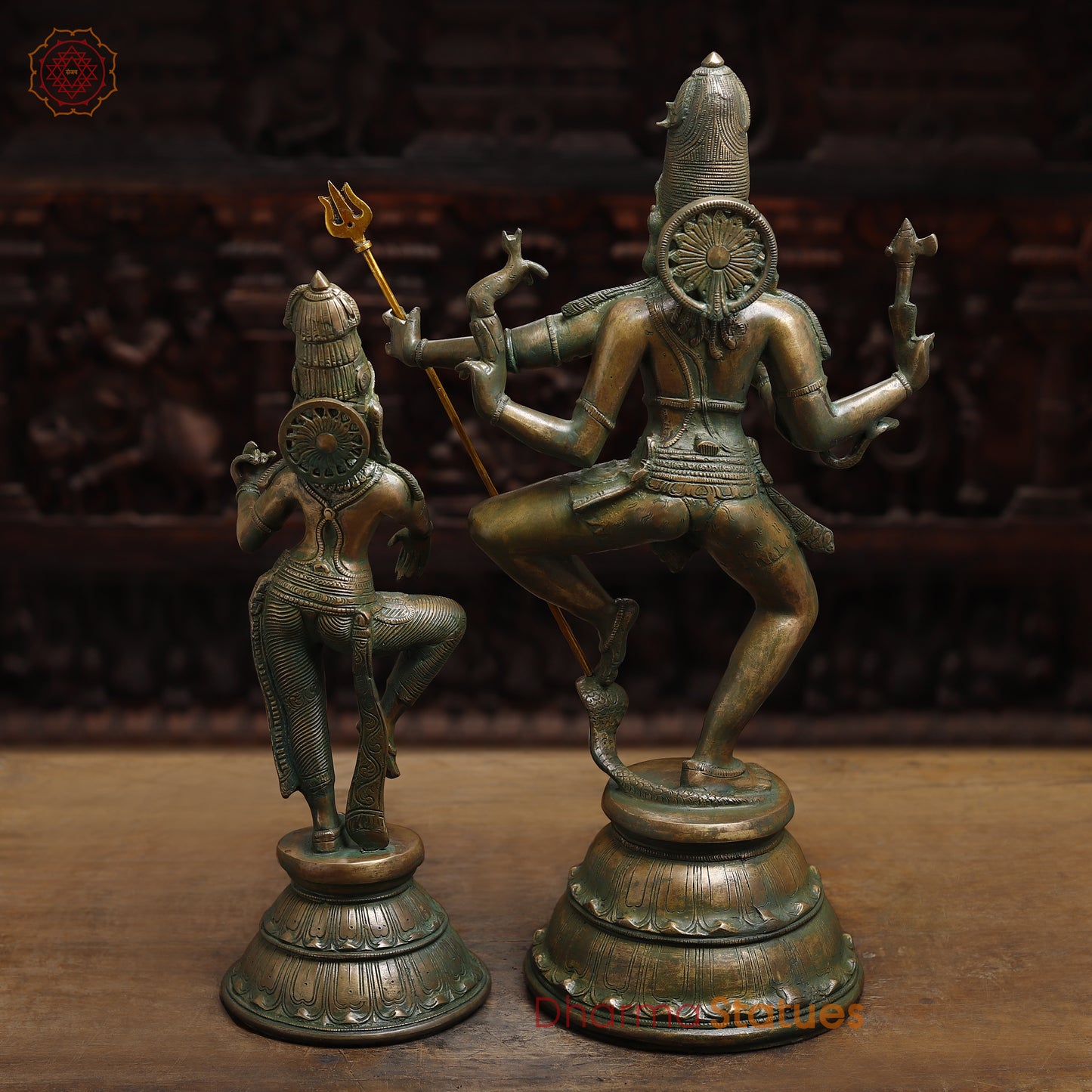 Brass Dancing Shiva and Parvati Statue, Antique Golden & Green Finish, 22"