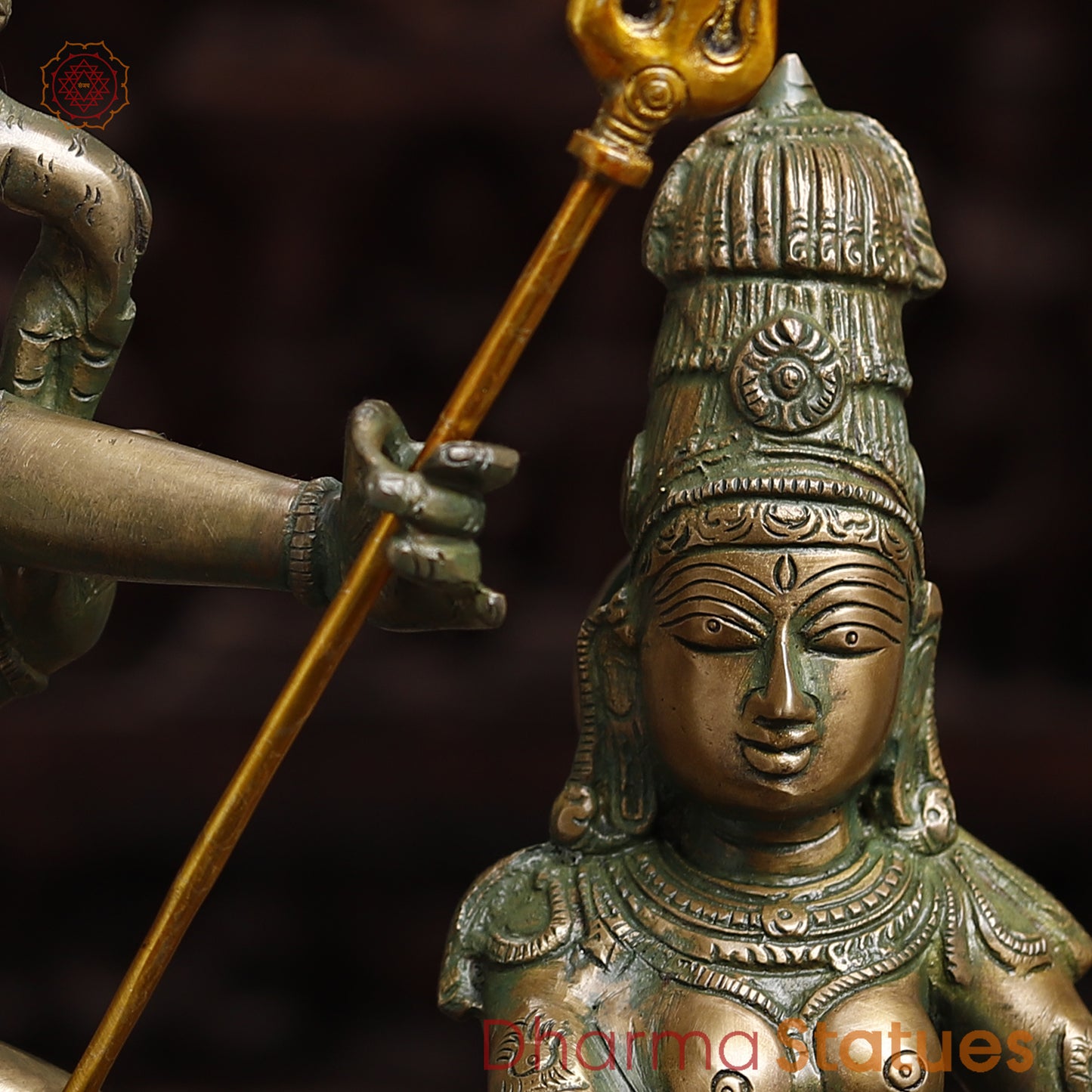 Brass Dancing Shiva and Parvati Statue, Antique Golden & Green Finish, 22"